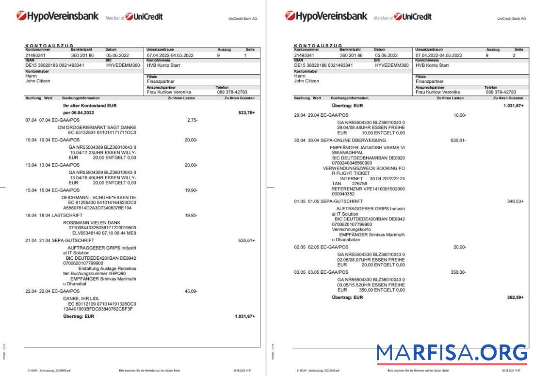 Realistic Germany HypoVereinsbank statement on Deutsch, 3 pages sample